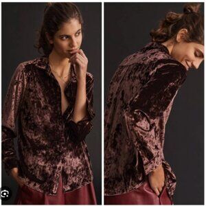Anthropologie Amadi Chocolate Brown Velvet Button Down Long Sleeve Cozy Sz L NWT
